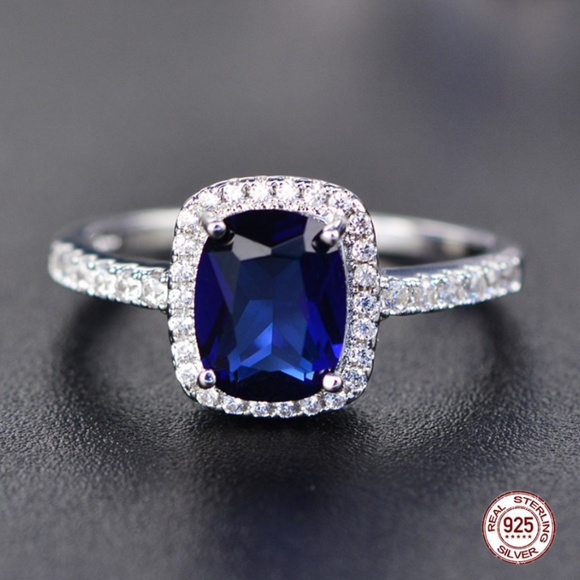 Jewelry - 925 Silver Princess Cut Blue Sapphire Ring